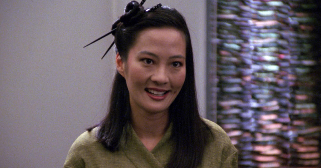 Keiko smiling in her civilian clothes, from "Data's Day"