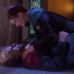 Dax on top of Worf after fighting in "Looking for Par'Mach in All the Wrong Places"