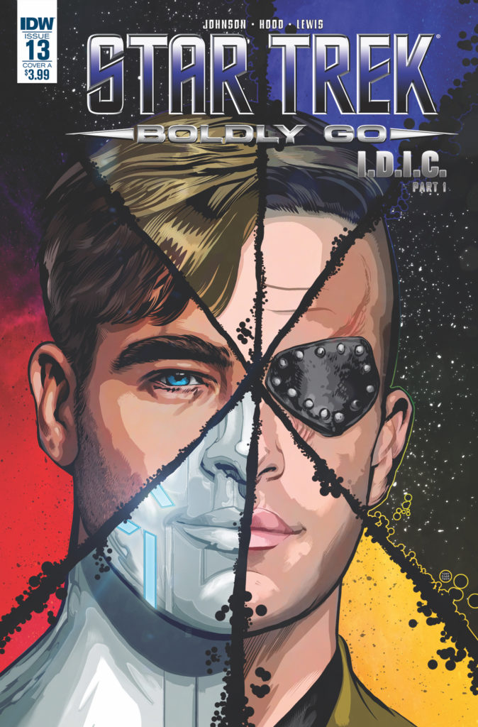 Cover of Boldly Go 13 showing Kirk's face split into 6