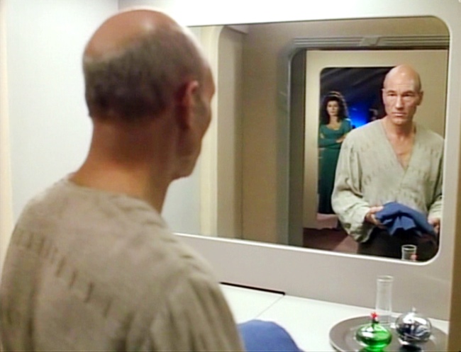 Picard looks in the mirror in "Family"