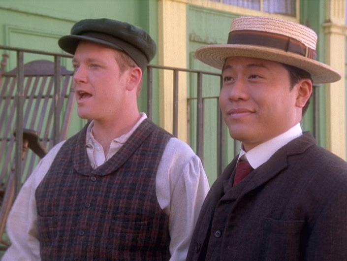 Tom Paris and Harry Kim in Irish period garb in "Fair Haven"