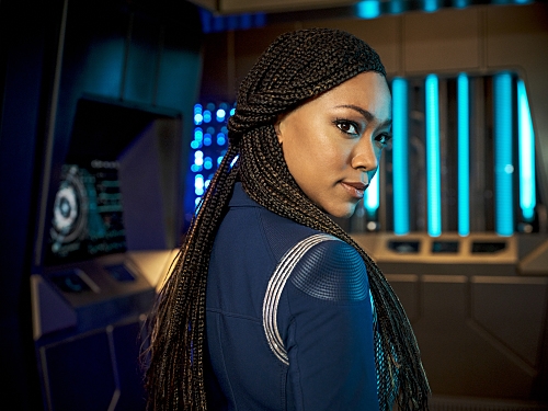 Burnham in her Discovery uniform with her season 3 braided hairstyle