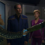 Tellarite and Andorian shake hands while Archer and T'Pol look on