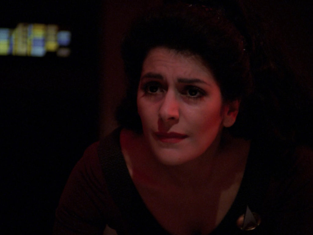 Troi implores Worf not to end his life in "Night Terrors"
