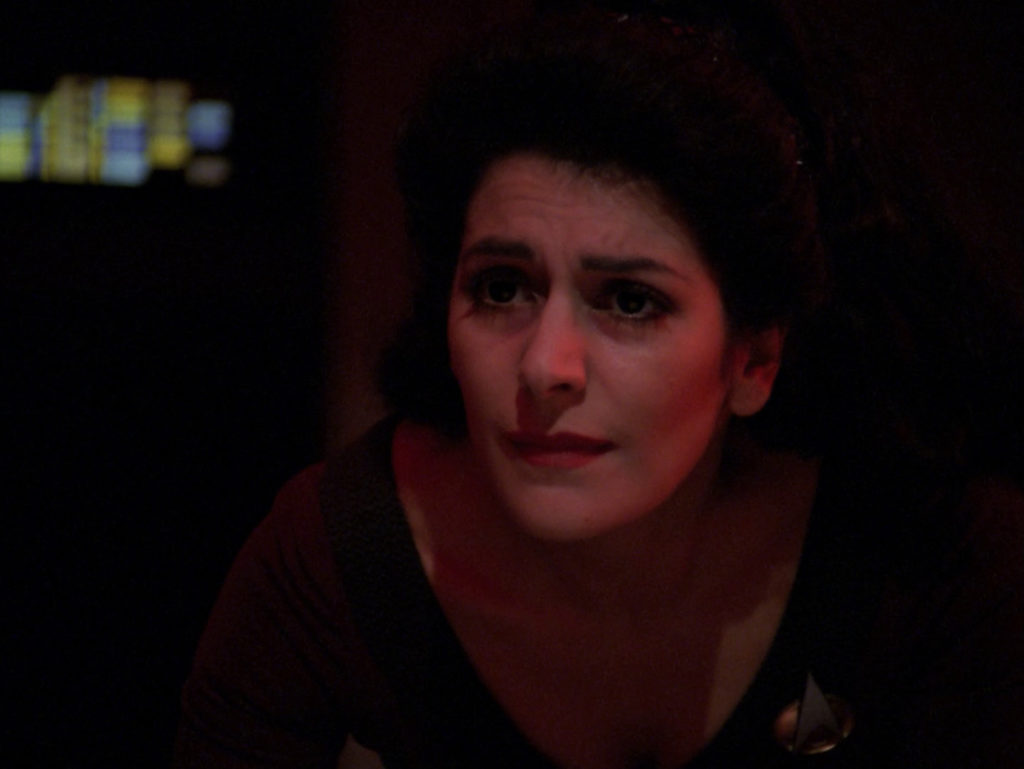 Troi implores Worf not to end his life in "Night Terrors"