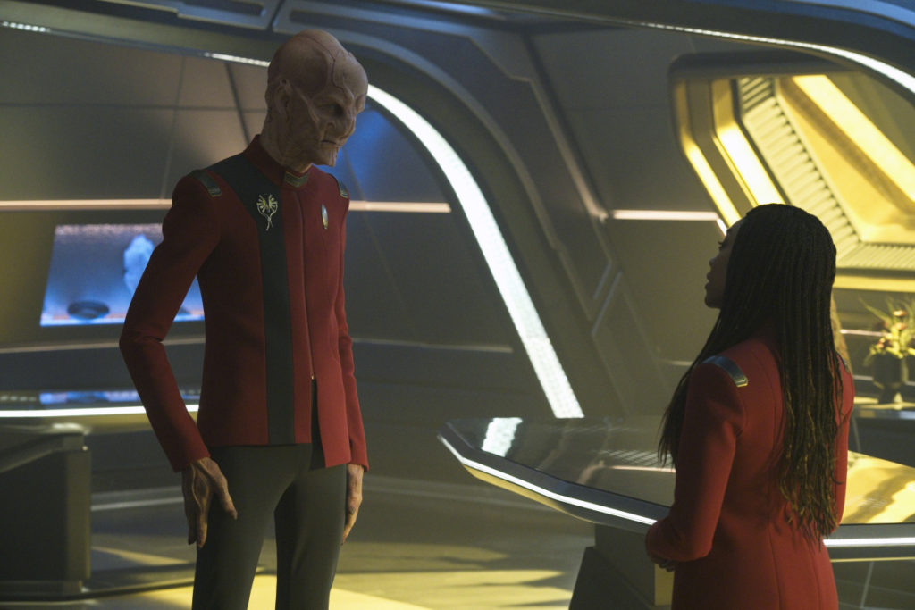 Saru and Burnham talk in her ready room in Season 4