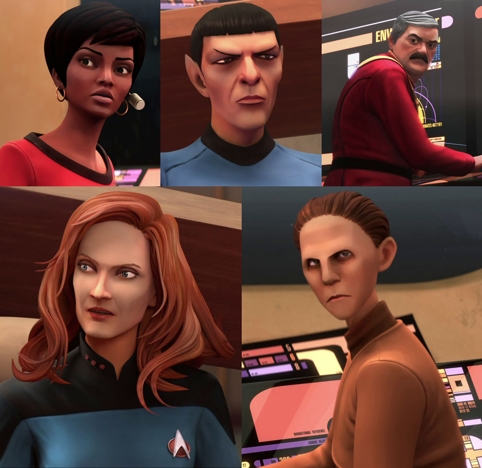 Uhura, Spock, Scotty, Crusher and Odo