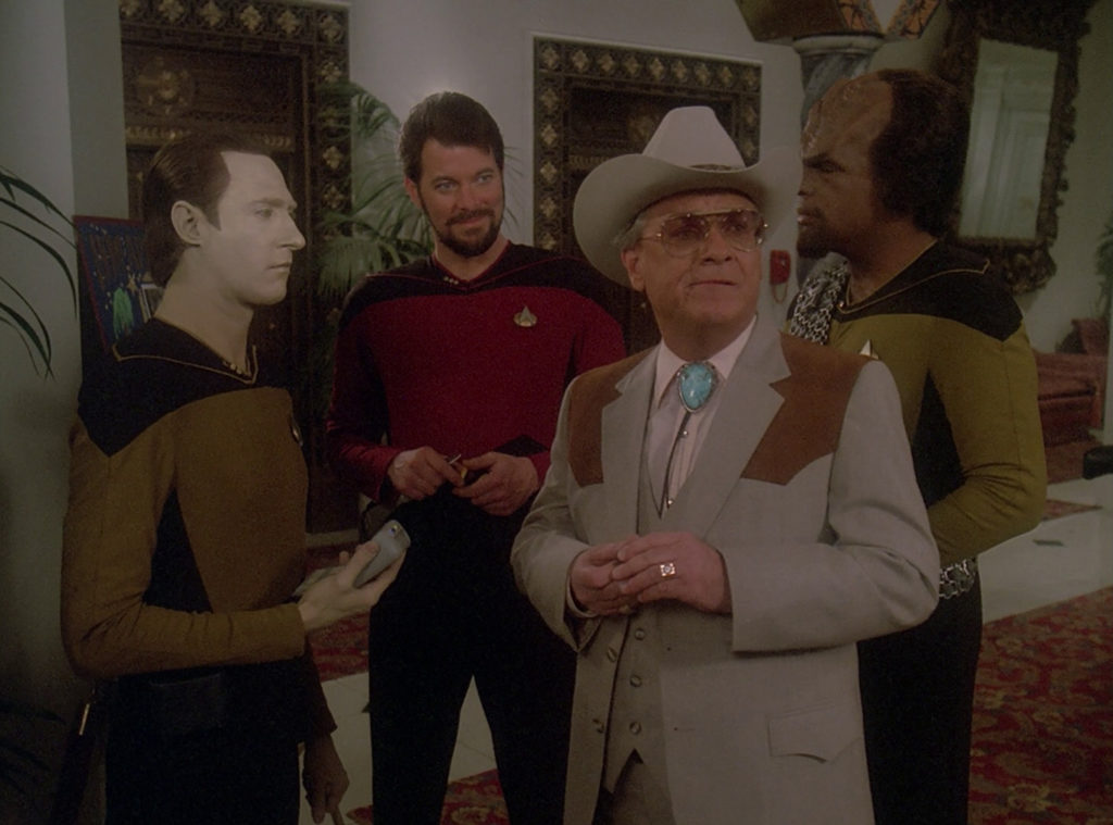 Data, Riker and Worf meet Texas the gambler in "The Royale"