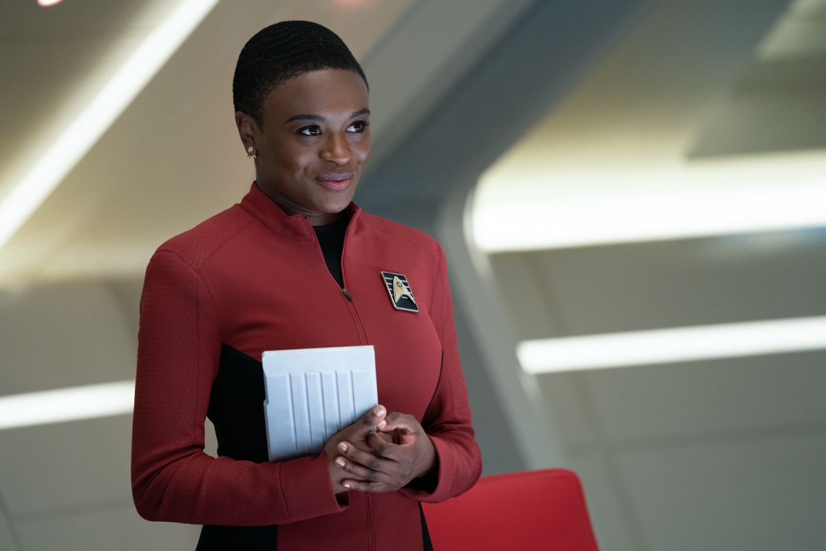 Uhura (Celia Rose Gooding) delivers her final mission report.