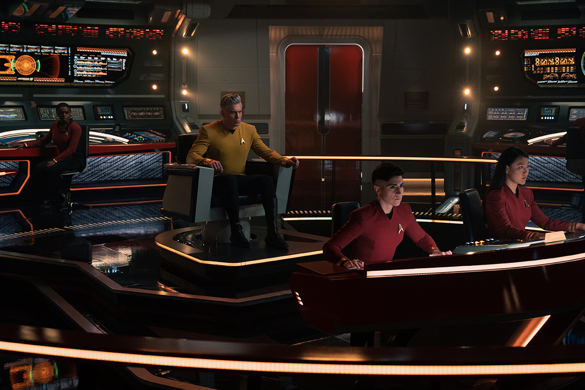 Uhura, Pike, Ortegas, and Mitchell on the bridge.