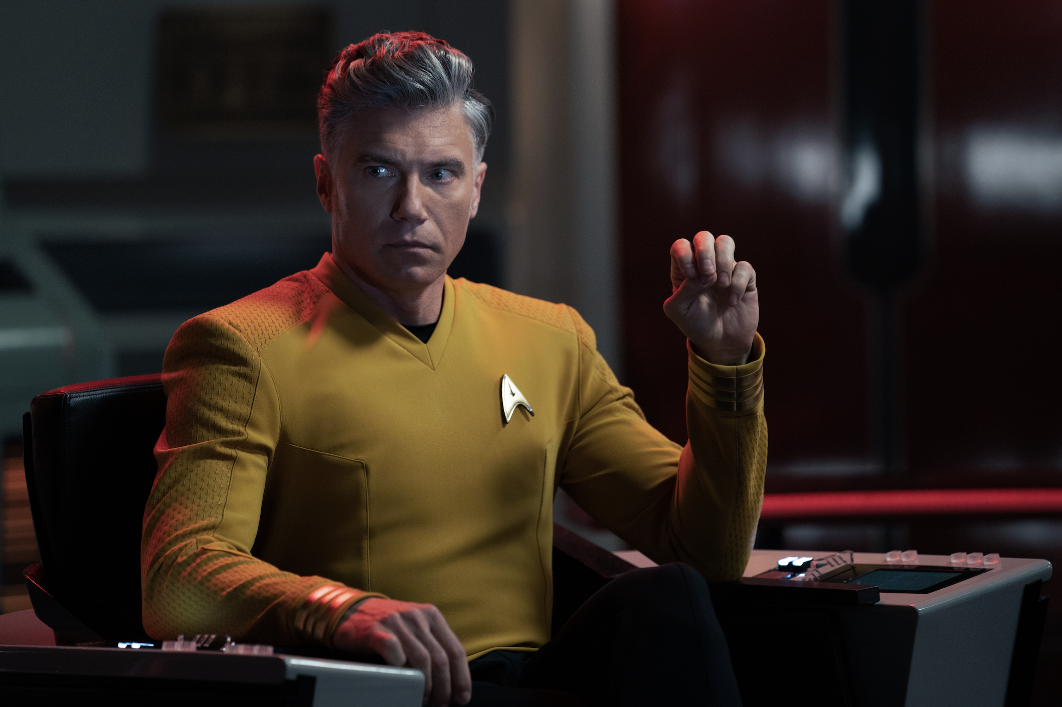 A stressed Captain PIke on the bridge.