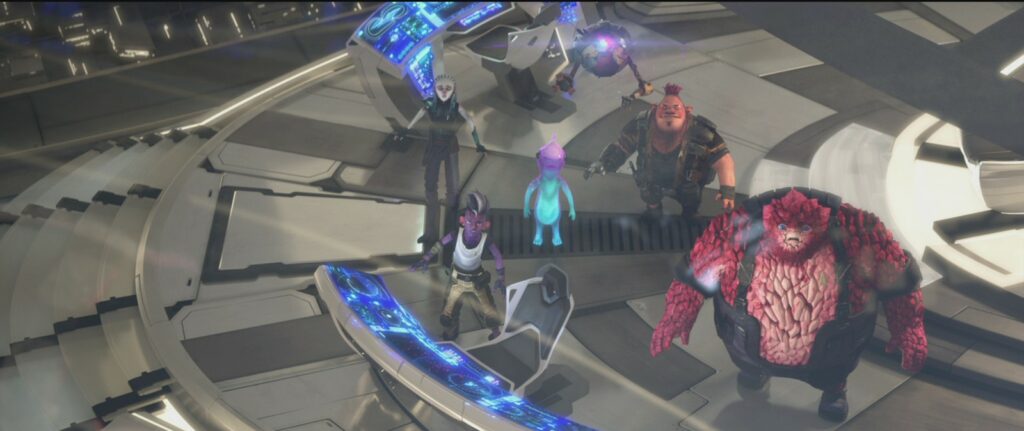 the Protostar crew on the bridge looking up at the Dauntless