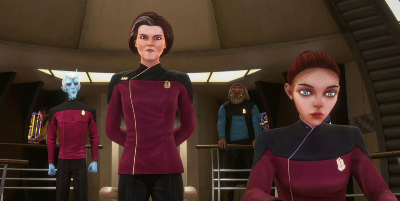Vice Admiral Janeway (Kate Mulgrew) and Ensign Asencia (Jameela Jamil) on the bridge of the USS Dauntless.