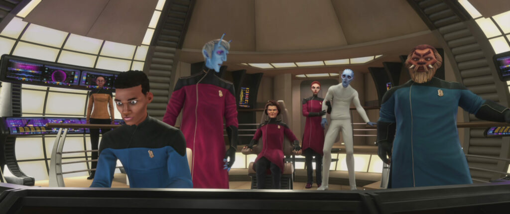 Janeway and her crew on the bridge of the Dauntless with the Diviner