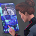 Hologram Janeway presses a button on a panel which also displays a video view of the Protostar crew in the holodeck