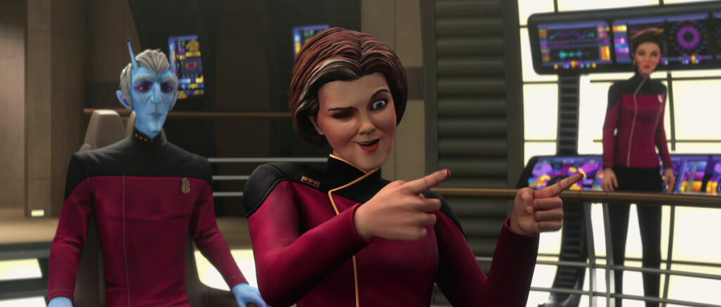 Dal (in Janeway's body) makes finger guns on the bridge