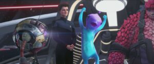 Janeway, Zero and Rokh stand next to Murf, who cheers