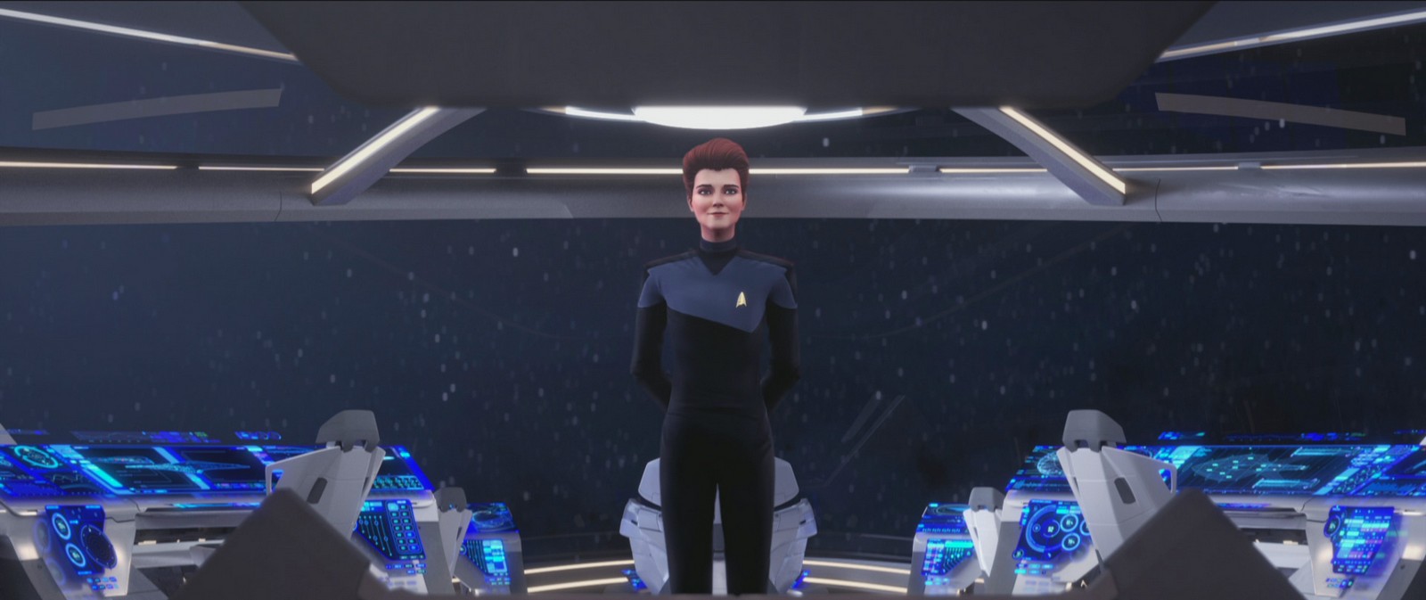 Holo-Janeway says goodbye to Dal on the bridge