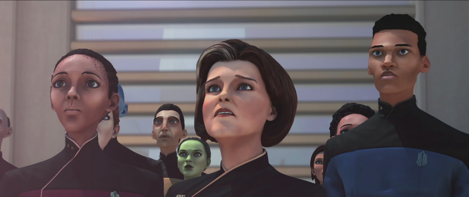 Janeway and other officers watch as the Protostar shuttle descends