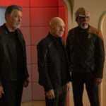 Riker, Picard and Worf on the bridge of the Enterprise-G