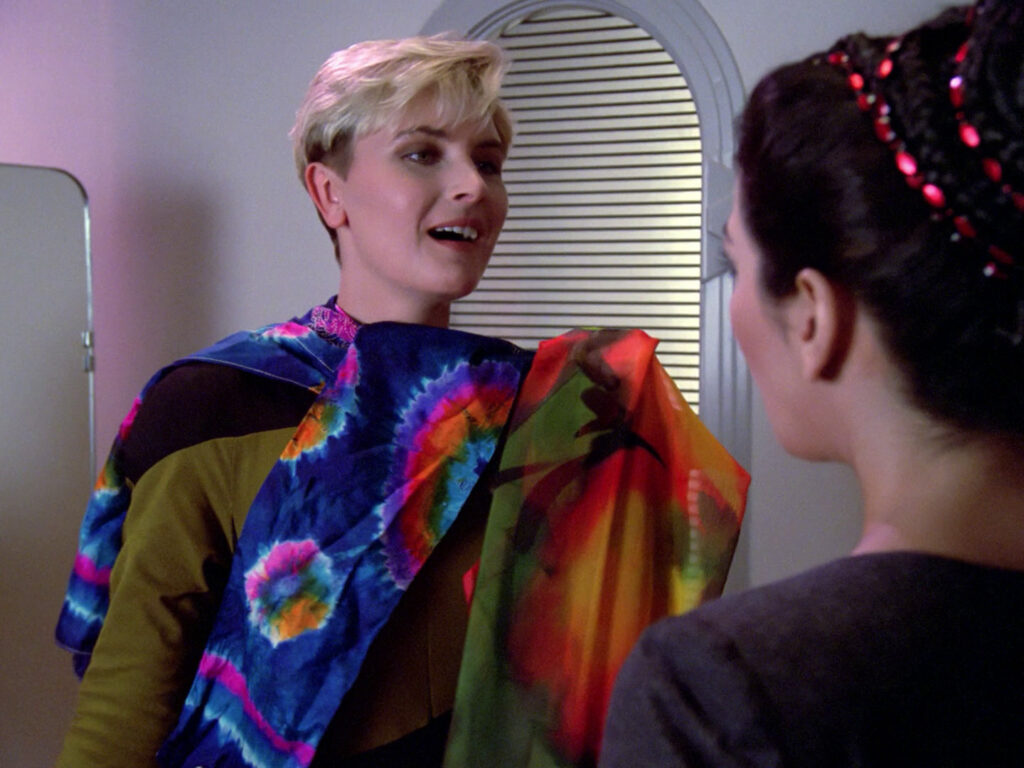 Tasha raiding Troi's closet in "The Naked Now"