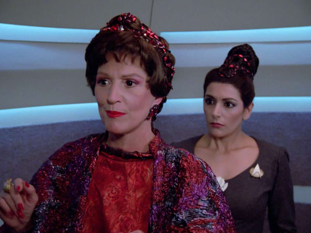 Lwaxana and Deanna in the turbolift in "Haven"