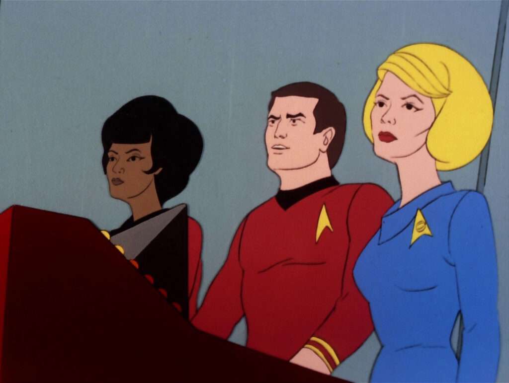 Uhura, Scotty and Chapel in the transporter room