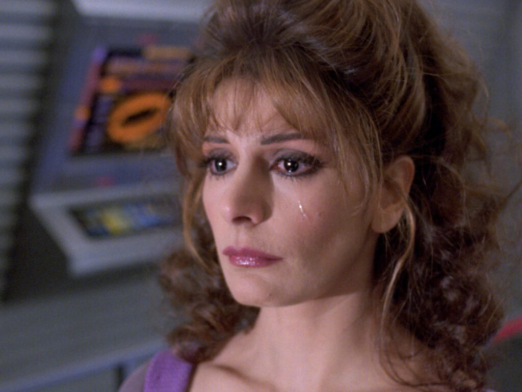 Troi looks distressed in "Eye of the Beholder"