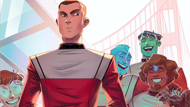 Cover image from Picard's Academy showing a young Picard and other cadets with the Golden Gate bridge in the background